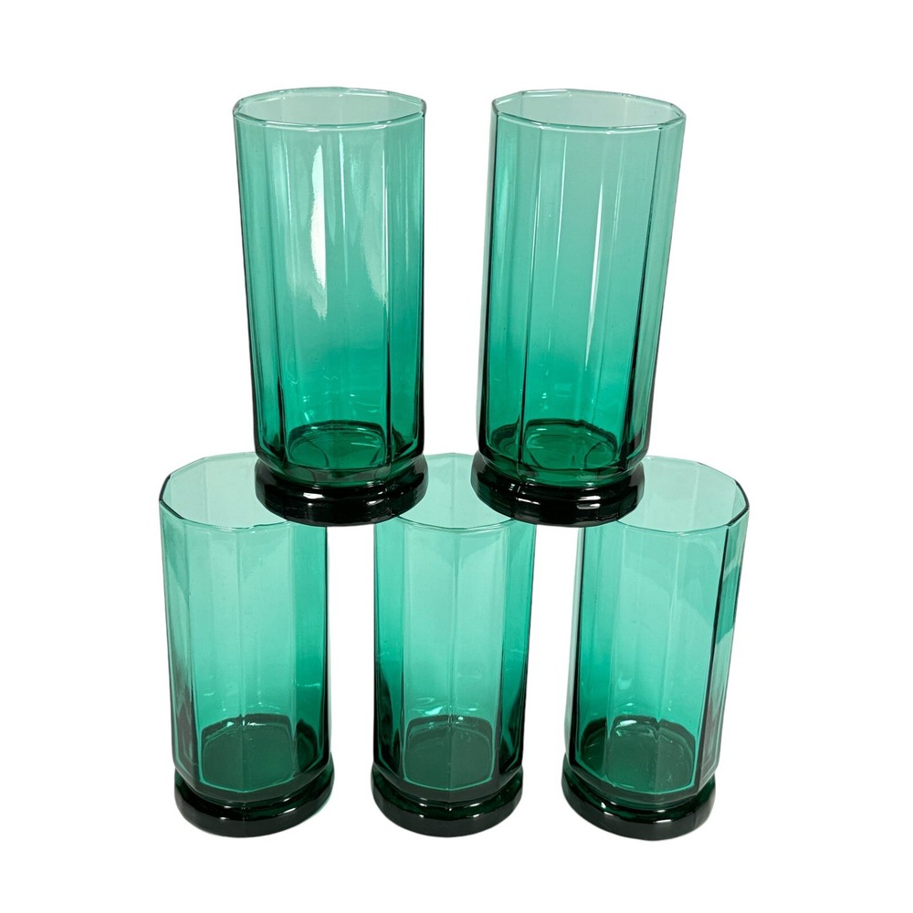 5ct Set VTG Anchor Hocking 16 oz Essex Green Paneled Flat Tumbler Glasses 6 3/8″