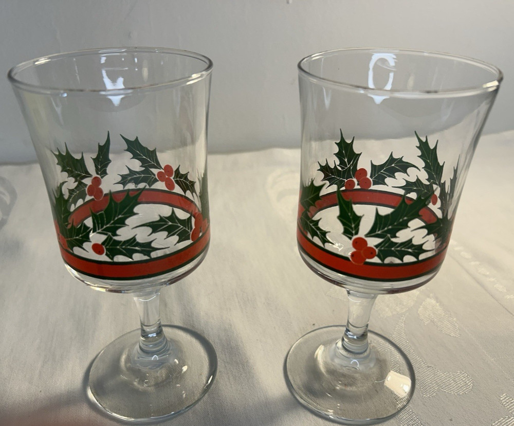 Libbey Holly Ribbon & Bow Wine/Water Goblets 6 3/4″ Set of 2