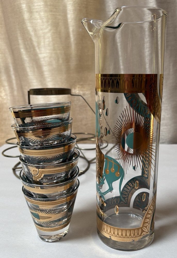Vtg Barware Fred Press Turquoise Gold Trojan Horse Pitcher 6 Glasses Caddy Set