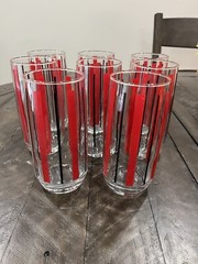 8 Vintage Anchor Hocking 12 Oz 6″ Red & Black Vertical Stripes Glass Tumblers