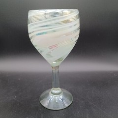 Handblown Art Glass Mexico Wine Glass Iridescent White Swirls Spiral Stemware