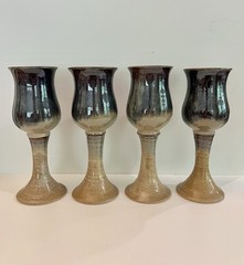Art Studio Pottery Wine Water Goblets Vintage Drip Glaze – Set of Four