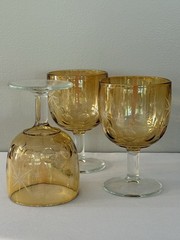 4 Vintage Bartlett Collins Atomic Starburst Amber Thumbprint Goblets MCM