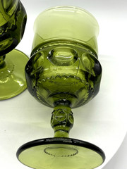 VINTAGE 1960s INDIANA GLASS «KINGS CROWN» AVOCADO GREEN GOBLETS SET 5.75″H