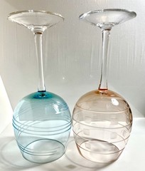 Set of 2 Laura Glasses Blue,Peach Etched Balloon Shape Wine Goblets 8 1/2”