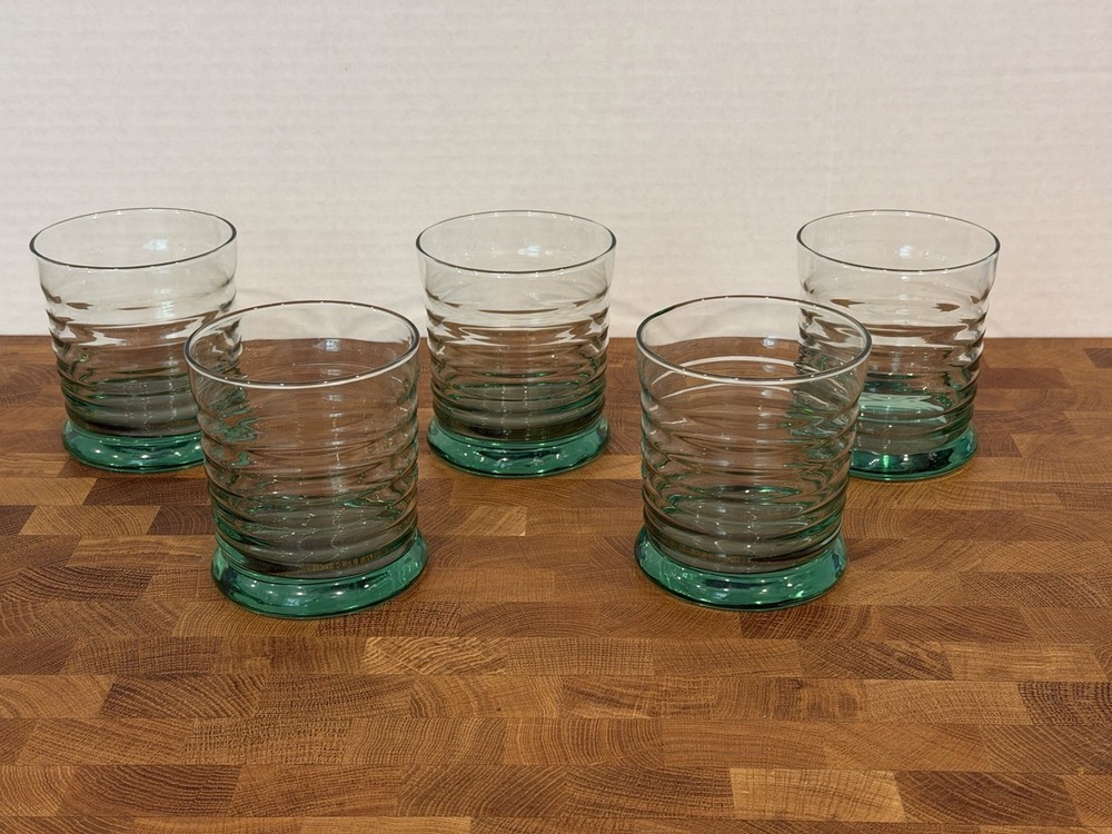 5 Libbey Spanish Green Sirrus Ribbed Glasses Low Ball Double Old Fashioned Y2K