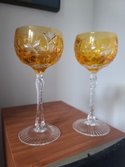 Set Of 2 Nachtmann Traube Amber Cut To Clear 7.5 Inches White Wine Goblets 60s