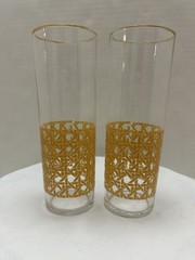 Rare Set of 4 Cane Pattern Woven Rattan Design Tom Collins Glasses Barware