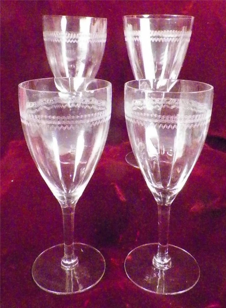 4 Tiffin Water Goblets Clear Elegant Glass Stem 14196 Optic Needle Etch 259
