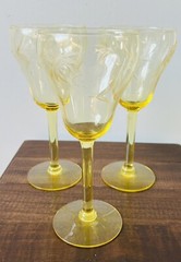 1920’s Lancaster YELLOW TOPAZ Floral Cut Water Lily Wine/ Water Goblet -Set Of 3