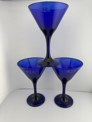 Libbey Cobalt Blue Southwest Design Stamped 6.5” Martini Glasses SET OF 3 UNIQUE