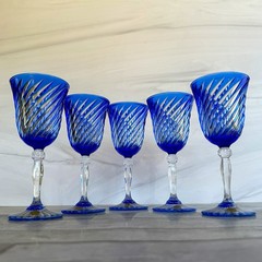 Set of 5 Cristal D’Arques Valse Cobalt Blue Cut to Clear Crystal Wine Goblets