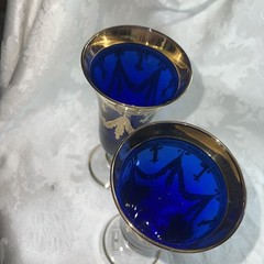 Interglass Italy Cobalt Blue Wine Goblets, Gold Medici Crystal Glasses, Set of 2
