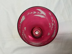 Vintage Ruby Red Cranberry Flash Wine Glass- Etched Flower & Leaf Pattern