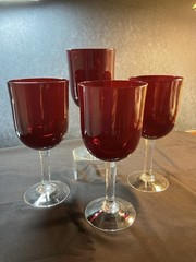 Vintage Ruby Red Hand Blown Glass 13 Ounces Goblet Clear Stem 8” Tall – Set Of 4