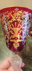 3 MURANO CRANBERRY HAND PAINTED BLOWN GLASS VENETIAN 24k GOLD LEAF STEM GOBLETS