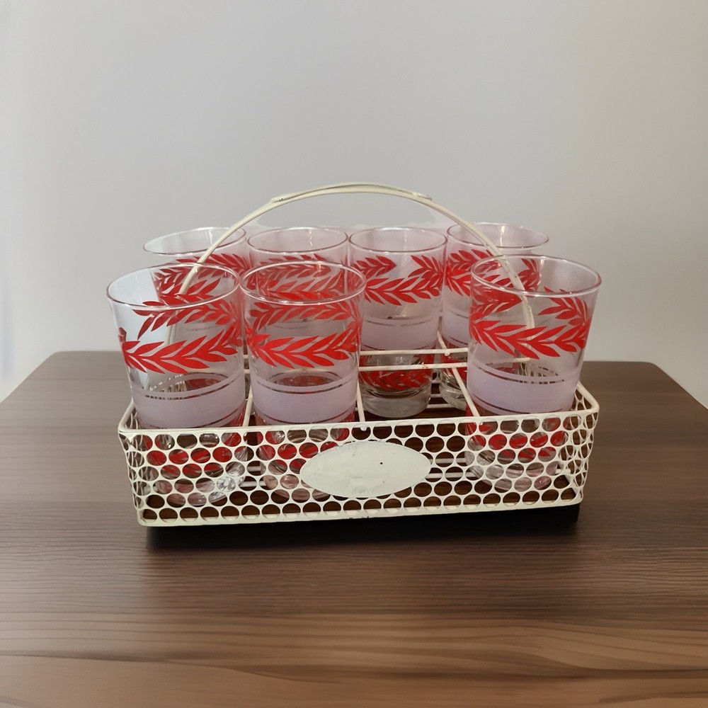 Vintage Libby Pink Vine Drinking Glasses With White Metal Caddy MCM