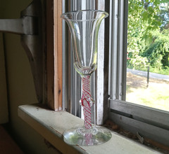 1770s COLONIAL ERA PONTILED FREE BLOWN WINE GLASS RED & WHITE AIR TWIST STEM
