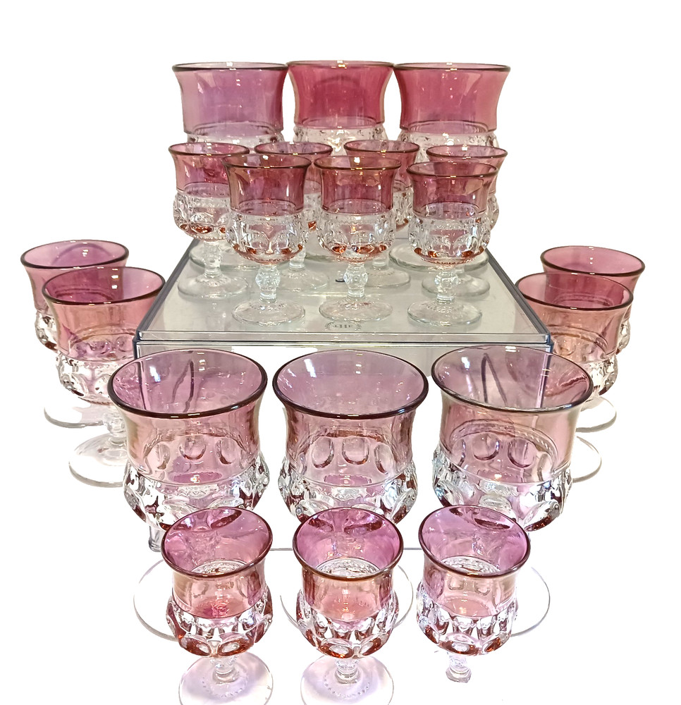 Set/20 Vtg Tiffin-Franciscan King’s Crown Cranberry Flash Water&Cordial Goblets