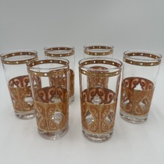 MCM Signed Culver 6 High Ball Glasses Orange 22K Gold Scroll