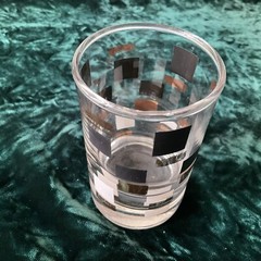 Juice Glass Clear with Gold Black White Squares 3-1/2″ tall 2-1/8″ Across Used