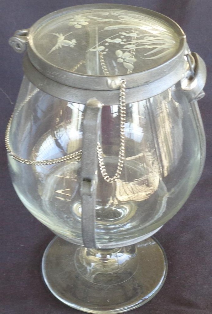 Interesting Covered Footed Snifter – Etched Hinged Lid – VGC –UNIQUE COLLECTIBLE