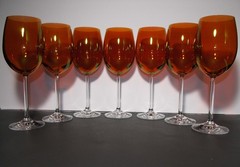 Amber Orange Clear Stem Set of 7 Wine / Water Crystal Luster Goblets 8-1/2” Tall