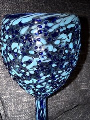Hand Blown Art Glass Wine Goblet Blue Confetti Design