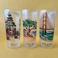 3 Vintage Frosted 6.5″ Ice Tea Tumblers by Libbey Glass Co. Calif Landmarks 1965