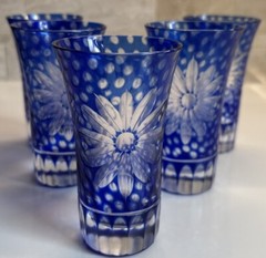 Cut To Clear Cobalt Sake Beer Cordial Glasses Set 5 Cocktail Floral Daisy 8 OZ