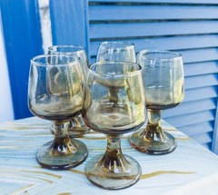 Vintage Smoked Glass Set Of 5 Shot Glasses 3.5 in Cordials Cognac Snifter Style