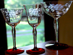 Vtg Set 8 OPTIC WESTON 5 Champagne & 3 Wine RUBY RED FOOT/ CUT FLOWER GLASSES