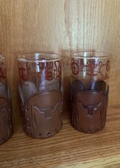 Libbey Bamco Western Highball Glasses 5″ Tooled Leather Sleeves Bull Cattle