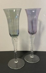 Set of 2 Iridescent Glass Champagne Flutes Amethyst & Green Twisted Stem 10”H_