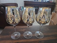 Set Of 3 Cristalleria Fumo Style Large Silver/Gold Wine Goblet 10″H Great Cond