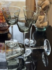 Set Of 4 Vintage Hand Blown Smokey Grey Wine Glasses 8.5” Tall Elegant Goblets
