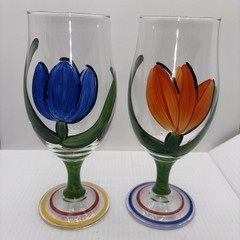 Set of 2 Hand Painted Tulip Wine Glasses 8” Blue & Orange Floral Stemware