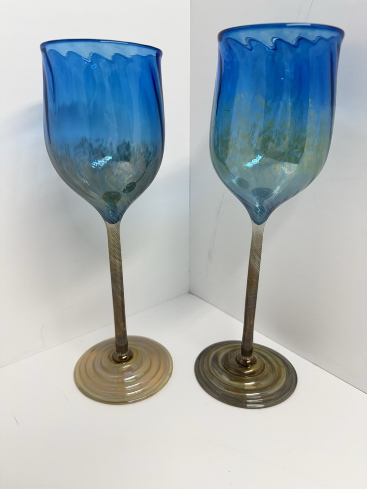 Set 2 Hand Blown Studio Art Wine Glasses Blue Iridescent w/ Twisted Cane Stems