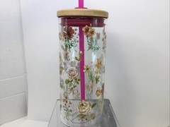 Clementine Paper Inc. 20oz Glass Tumble Gold Accented Floral Bamboo Lid & Straw