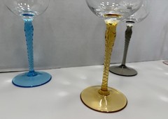 6 VTG Colorful Twisted Stem Crystal & Glass Wine Glasses Etched Grape Design