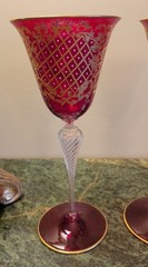 3 MURANO CRANBERRY HAND PAINTED BLOWN GLASS VENETIAN 24k GOLD LEAF STEM GOBLETS