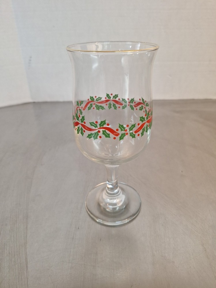 (1)Arby’s Libbey Holly Berry Gold Rim Christmas Wine Glasses Goblet Vintage