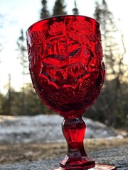 Vintage Ruby Red Goblet – Madonna Inn – Original Rose Pattern
