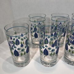 8 Marcrest Swiss Alpine Chalet 12 Oz Tumblers W/Brass MCM Rack Vtg Blue Green