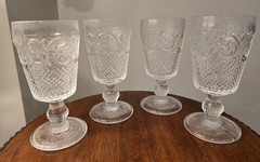 Vintage Clear Wine Water Goblet Glasses Pressed Embossed Scroll Diamond Pattern