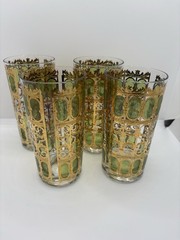 Vintage 4 MCM Emerald Green Scroll 22k Gold Glasses Culver Highball Tumbler 5.5”