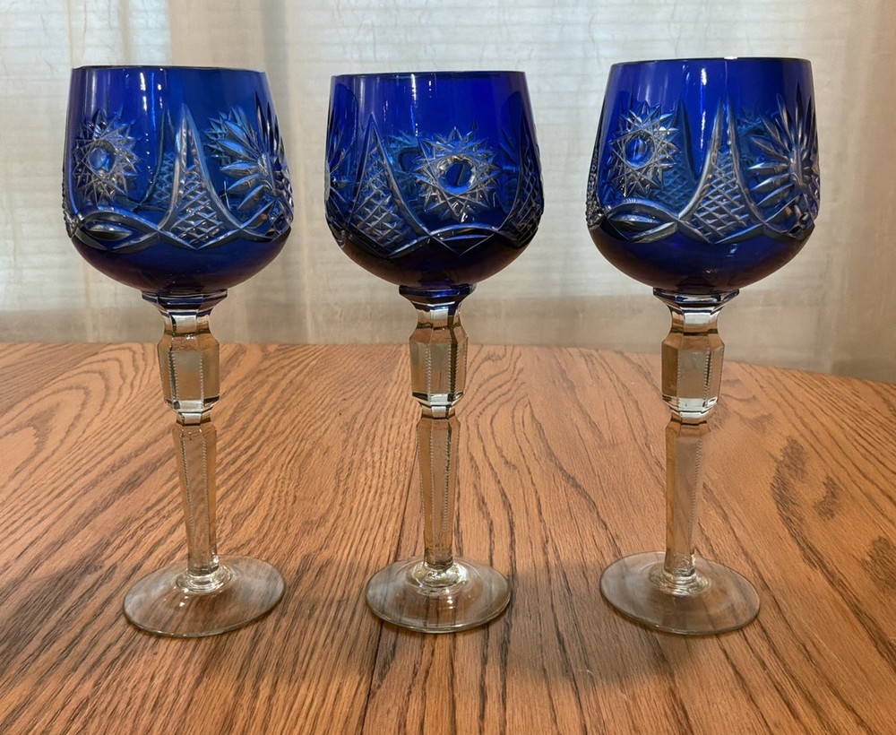 Bohemian Cobalt Blue Cut to Clear Crystal Wine Glass
