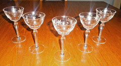 Vtg. Mid-Century Set of (5) Etched Glass Stemmed Cordial Glasses (5 3/8″Tall)