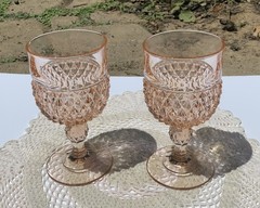 VTG INDIANA GLASS DIAMOND POINT PINK WATER GOBLETS WINE GLASSES SET OF TWO,MINT