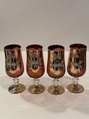 Bohemian Gold & Cranberry Red Flash Hand Painted Water Wine Goblets Set Of 4